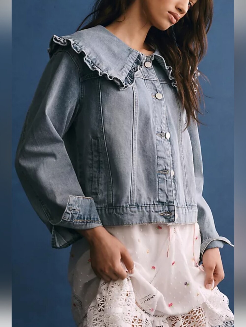 Avara Feminine Ruffle Collar Light Blue Denim Jacket